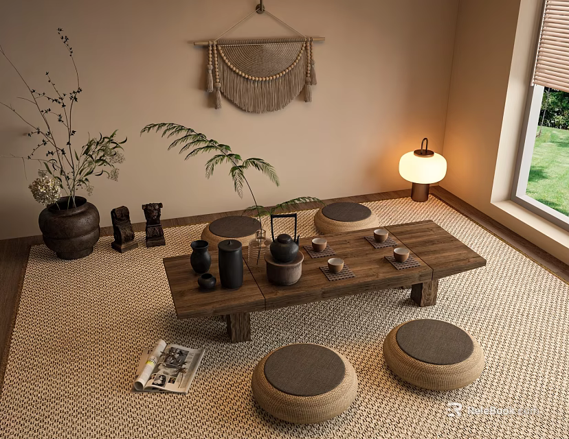 Wooden Tea Table With Round Stools Green Plants And Woven Wall Hanging In Natural Light 3d model 