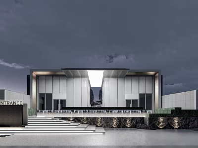 Modern Residential Landscape Design With Entrance Steps And Sleek Architectural Facade Against Dark Sky 3d model