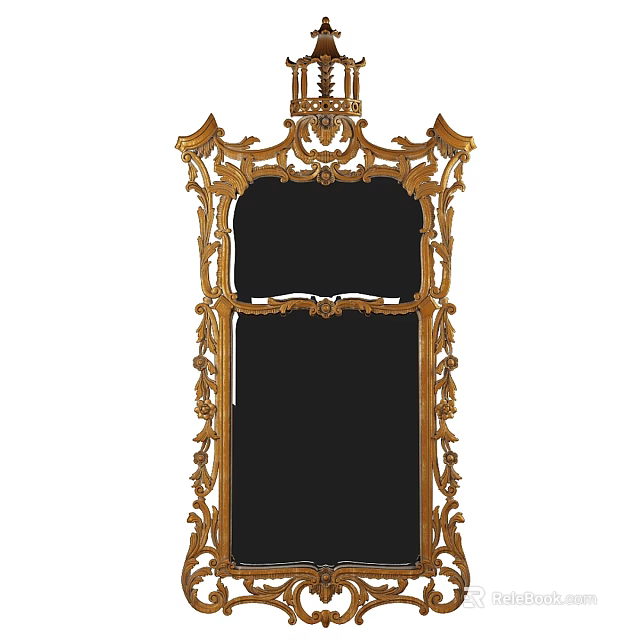 Classical Golden Mirror with Intricate Carved Frame and Ornate Design Details 3d model 
