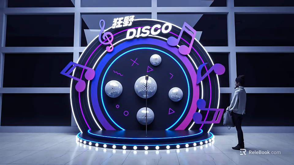 Disco Themed Photo Check-in Spot With Neon Music Notes And Silver Spheres 3d model 