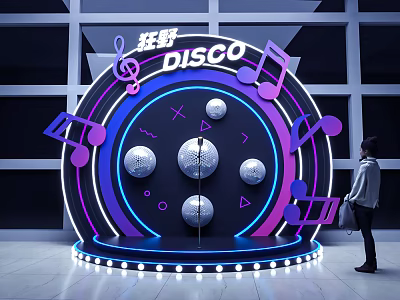 Disco Themed Photo Check-in Spot With Neon Music Notes And Silver Spheres 3d model