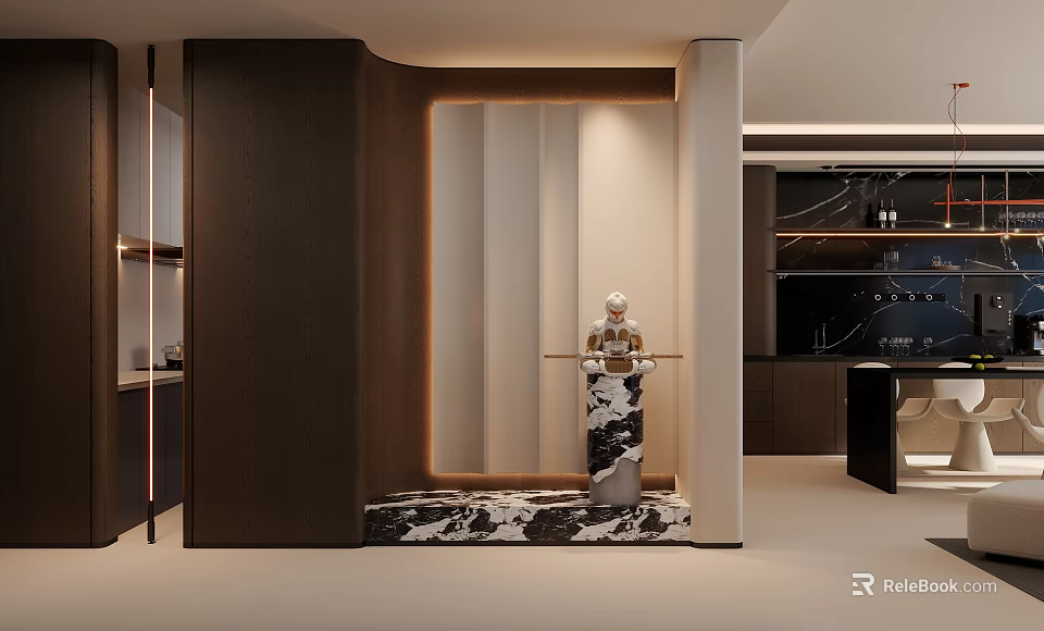 Elegant Modern Entryway Design Featuring Dark Wooden Cabinets Warm Lighting And Marble Decor 3d model 
