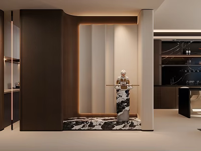 Elegant Modern Entryway Design Featuring Dark Wooden Cabinets Warm Lighting And Marble Decor 3d model