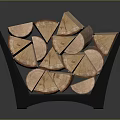 Stacked Split Wooden Logs In Black Metal Wood Rack For Firewood Storage