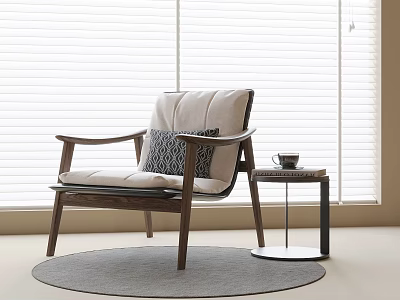 Beige Lounge Chair With Wooden Frame Geometric Pillow And Coffee Mug On Gray Rug 3d model