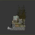 Wooden Cabin on Rocky Hillside Surrounded by Pine Trees With Small Shed and Pathway