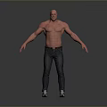 Muscular Shirtless Man Standing With Arms Outstretched Wearing Jeans And Sneakers On Grey Background