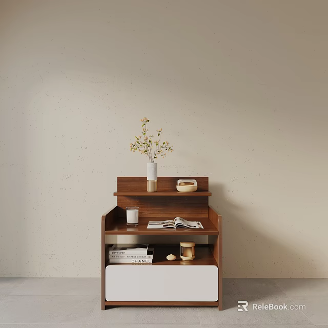 Wooden Layered Bedside Table With Vase Flowers Cup Magazine Books And Storage 3d model 