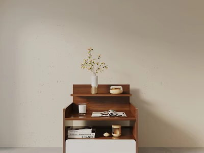 Wooden Layered Bedside Table With Vase Flowers Cup Magazine Books And Storage 3d model