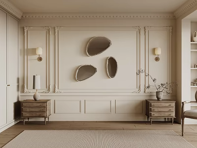 Bed Background Wall Design With Wainscoting Wall Sconces And Decorative Mirrors 3d model