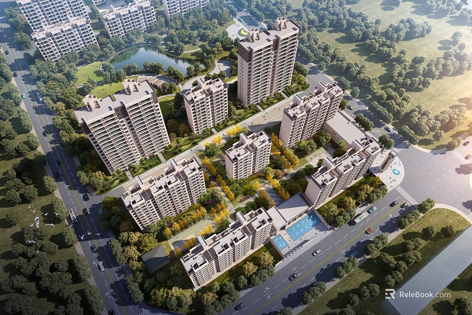 Aerial Planning Of Residential Community With Buildings Greenery And Roads 3d model 