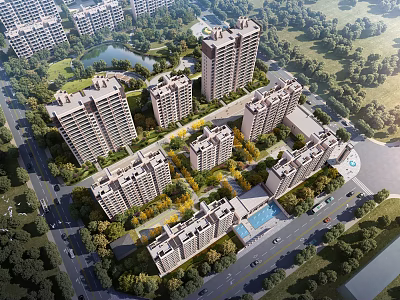 Aerial Planning Of Residential Community With Buildings Greenery And Roads 3d model