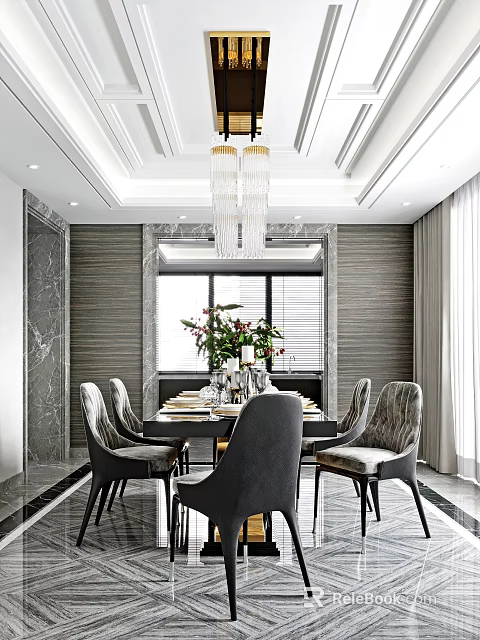 Elegant Modern Restaurant Interior With Dining Table Chairs Chandelier And Decorative Flowers 3d model 