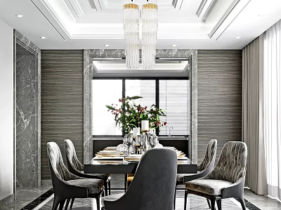 Elegant Modern Restaurant Interior With Dining Table Chairs Chandelier And Decorative Flowers 3d model