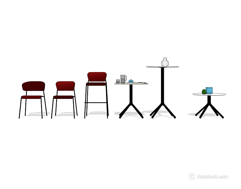 Simple Table Chair Combination Featuring Red Chairs High Stool And Round Tables With Small Items 3d model