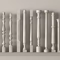 White Decorative Columns With Various Designs Arranged On Shelf With Light Gray Background 3d model