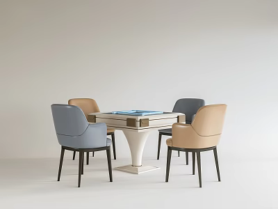 Modern Entertainment Table with Gray and Beige Chairs and Blue Board Game in Minimalist Room 3d model