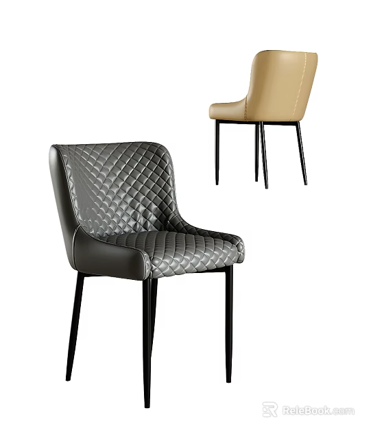 Modern Diamond Quilted Gray And Beige Leather Dining Chairs With Black Legs 3d model 