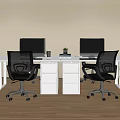 White Office Desk With Two Monitors Black Chairs White Drawer Cabinets Small Plant And Cup