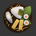 Traditional Asian Food Platter with Rice Dumplings Tamagoyaki and Sushi Rolls on Wooden Plate