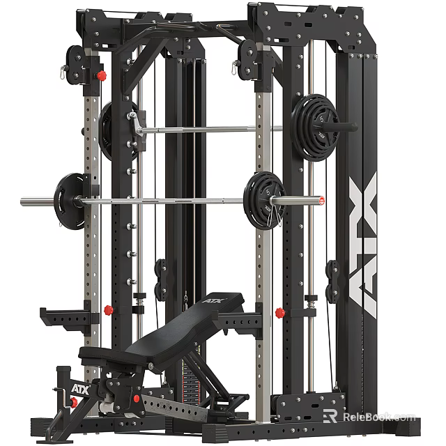 Multi Station Home Gym Fitness Equipment With Barbell Plates And Adjustable Seat 3d model 