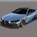 White Sports Car With Blue Red Stripes In Empty Gray Room Reflective Floor