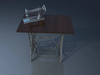 Vintage Sewing Machine On Wooden Table With Metal Stand And Tabletop 3d model