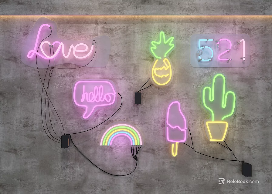Neon Decorative Lights with love hello signs pineapple cactus rainbow ice cream designs 3d model 