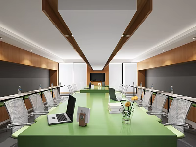 Modern Conference Room Interior With Green Table White Chairs Laptop Flower Vase And Wooden Walls 3d model