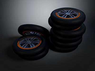 Stacked Car Tires With Alloy Wheels And Orange Trim Accents Design 3d model