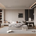 Modern Bedroom Interior Design With Comfortable Bed Nightstand Armchair And Bookshelf Rug