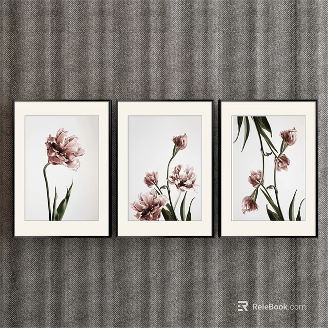Three Framed Botanical Paintings with Pink Flowers and Green Leaves on Gray Wall 3d model 