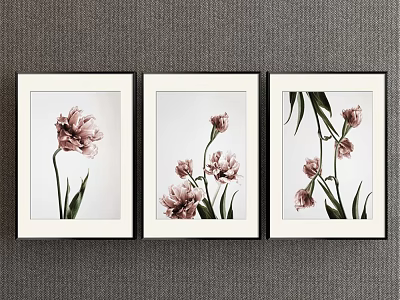 Three Framed Botanical Paintings with Pink Flowers and Green Leaves on Gray Wall 3d model