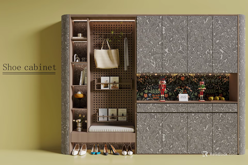 Modern Shoe Cabinet Interior Design With Hanging Bag Shoe Storage And Decorative Items 3d model 