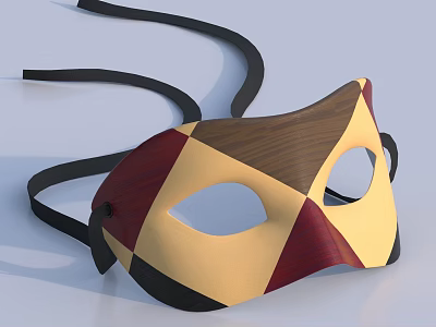 Handcrafted Geometric Wooden Mask With Yellow Red Brown Patchwork And Black Straps 3d model