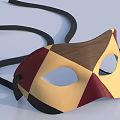 Handcrafted Geometric Wooden Mask With Yellow Red Brown Patchwork And Black Straps