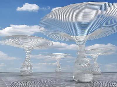 Giant White Openwork Mushroom Shaped Art Installation With Blue Sky White Clouds And Grid Ground 3d model