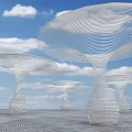 Giant White Openwork Mushroom Shaped Art Installation With Blue Sky White Clouds And Grid Ground