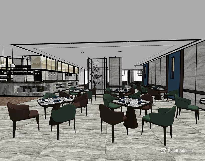 Modern Restaurant Interior Design With Dining Tables Chairs And Spacious Layout 3d model