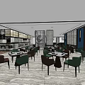 Modern Restaurant Interior Design With Dining Tables Chairs And Spacious Layout 3d model