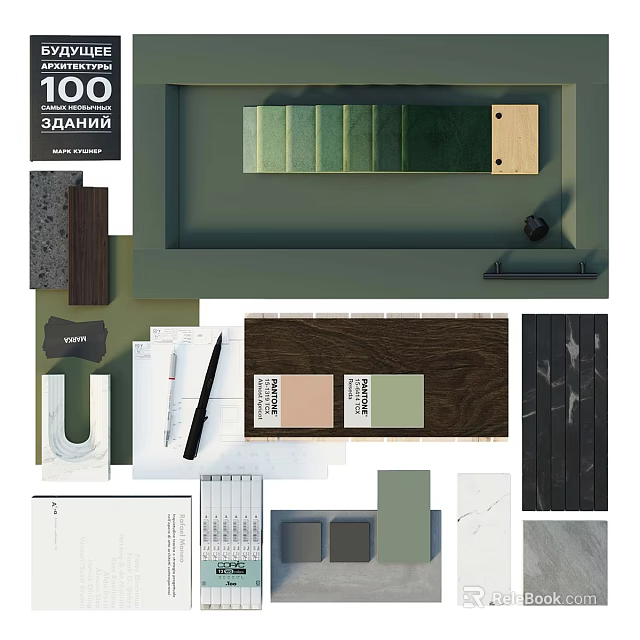 Interior Design Material Samples With Color Swatches Wood Textures Stone And Sketches 3d model 