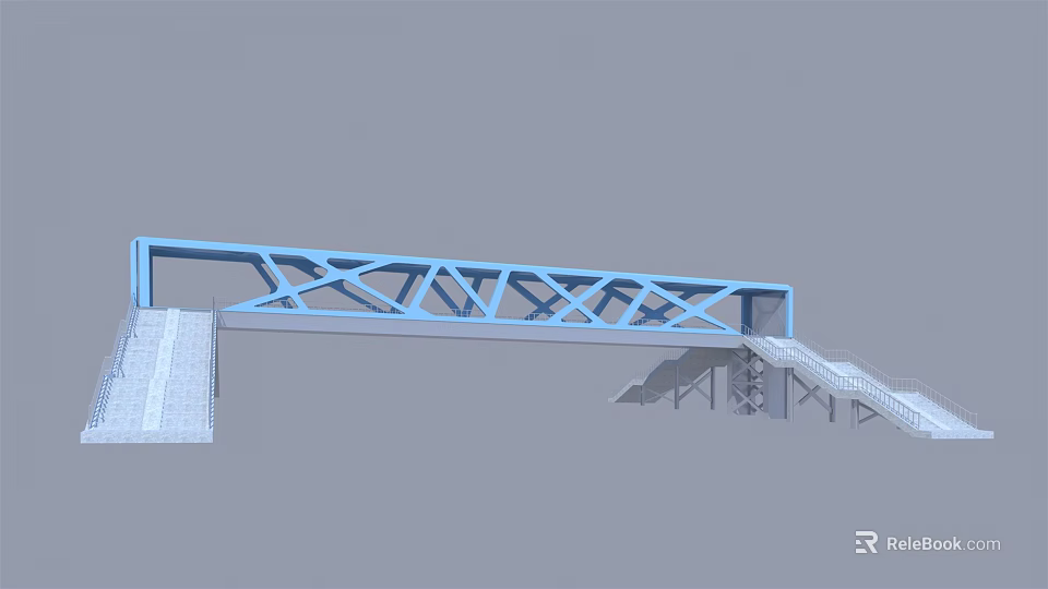 Blue Truss Bridge With Geometric Frame Structure And Staircase Design 3d model