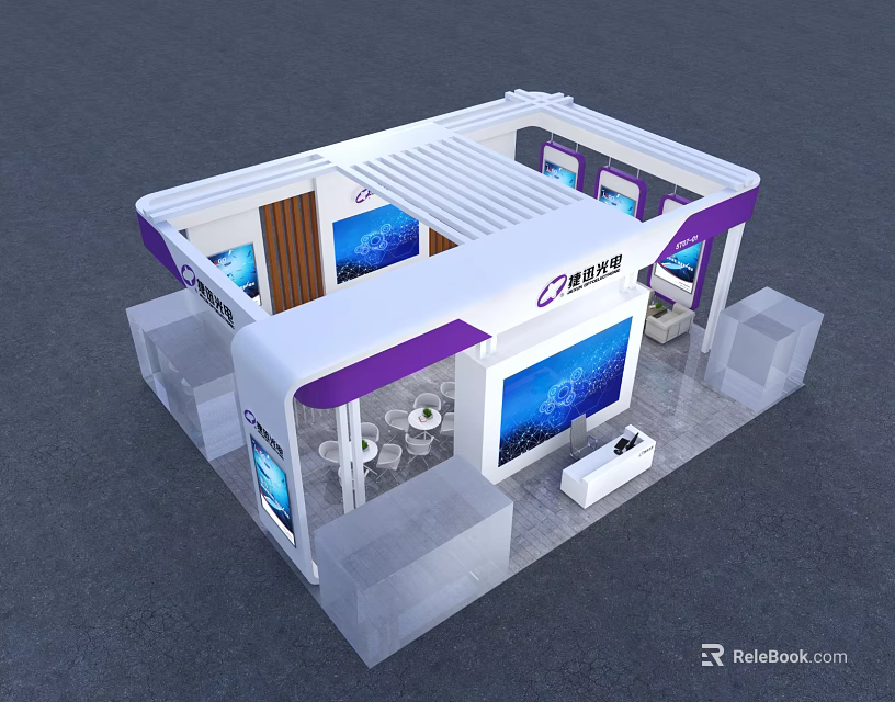 Modern Exhibition Booth Design With White Canopy Purple Accents Digital Screens And Seating 3d model 