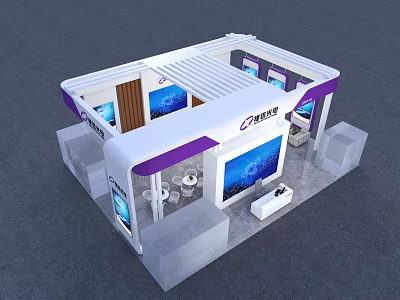 Modern Exhibition Booth Design With White Canopy Purple Accents Digital Screens And Seating 3d model
