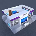 Modern Exhibition Booth Design With White Canopy Purple Accents Digital Screens And Seating