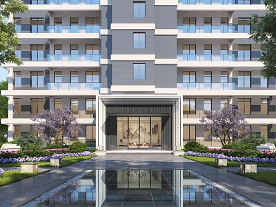 Modern Building Entrance Gate With Reflective Pool Lush Greenery And Purple Trees 3d model