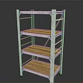 Silver Metal Frame Multi Tier Storage Rack With Wooden Shelves And Dark Background