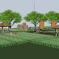 Garden Landscape With Green Fields Thatched Pavilions Trees And Blue Sky