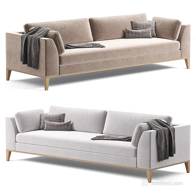 Light Brown And Light Gray Upholstered Sofas With Throw Pillows Blanket And Golden Legs 3d model