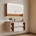 Modern Bathroom Vanity Cabinet With LED Mirror Blinds Design Drawers Open Shelves And Countertop Toiletries